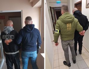 Kolaż dwóch zdjęć. Zatrzymani kierujący prowadzeni przez policjantów