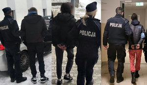 trzy połączone zdjęcia na których policjanci prowadzą trzy zatrzymane osoby
