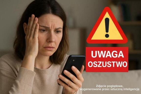 zdjęcie wygenerowane przez sztuczną inteligencję. Kobieta spogląda w telefon. Obok napis Uwaga oszustwo!