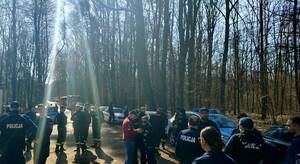 policjanci na drodze przy lesie podczas poszukiwań