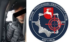 zatrzymany mężczyzna oraz logo Wydziału Poszukiwań i Identyfikacji Osób Komendy Wojewódzkiej Policji w Lublinie
