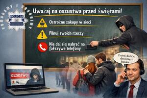Grafika wygenerowana przez sztuczną inteligencję. Oszust na tle tablicy z ostrzeżeniami