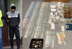 kolaż zdjęć poszukiwany prowadzony przez policjanta oraz zabezpieczone narkotyki