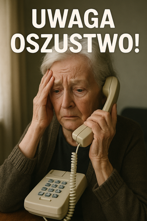 grafika z postacią starszej kobiety, po lewej stronie widniej napis uwaga oszuści