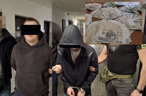 Kolaż zdjęć. Oszuści prowadzeni przez policjantów. Zabezpieczone pieniądze