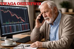 grafika wygenerowana przez sztuczna inteligencję senior przed ekranem komputera z telefonem w ręku