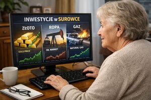 grafika wygenerowana przez sztuczną inteligencję 70 latka siedząca przed ekranem komputera na nim inwestycje w ropę gaz złoto