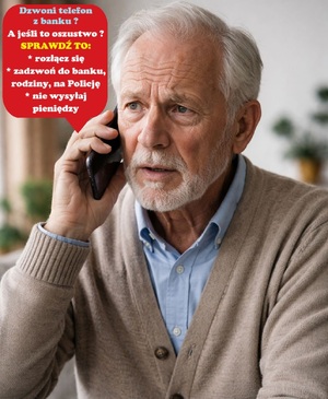 senior z telefonem przy uchu. Obok policyjny apel