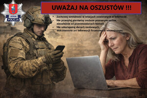 grafika przedstawiająca żołnierza piszącego do siedzącej przy laptopie seniorki