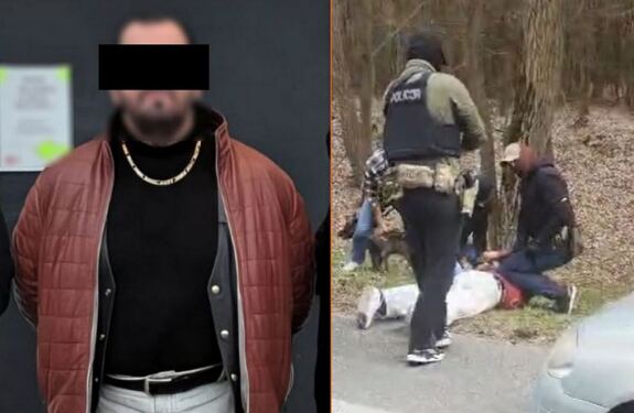 Zatrzymywany przez policjantów mężczyzna.