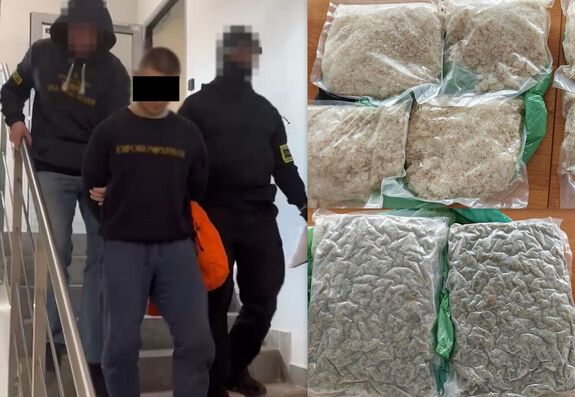 Zatrzymany mężczyzna oraz zabezpieczone narkotyki.