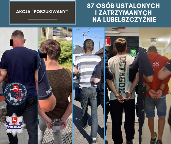 Pięć zatrzymanych osób umieszczonych na jednym zdjęciu z napisem akcja poszukiwany.