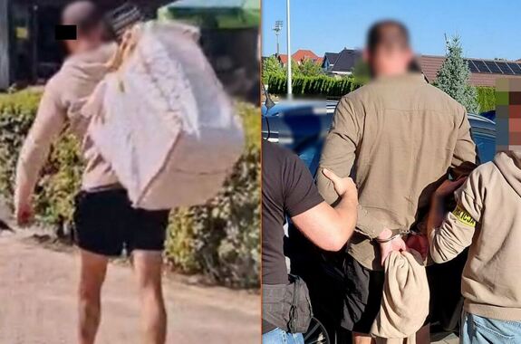 Kolaż dwóch zdjęć na których widać zatrzymanego mężczyznę