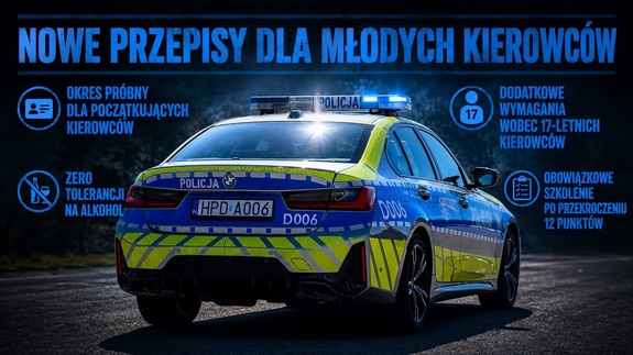 Zdjęcie radiowozu z tekstem nowe przepisy dla młodych kierowców.