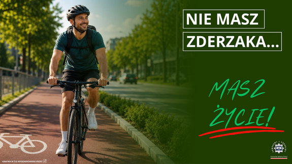 rowerzysta w kasku jedzie po ścieżce rowerowej. Po lewej stronie napis: Nie masz zderzaka masz życie.