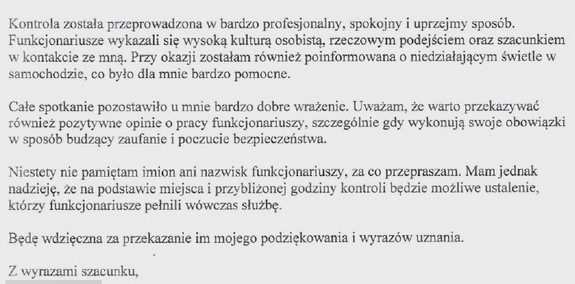 fragment listu z podziękowaniem