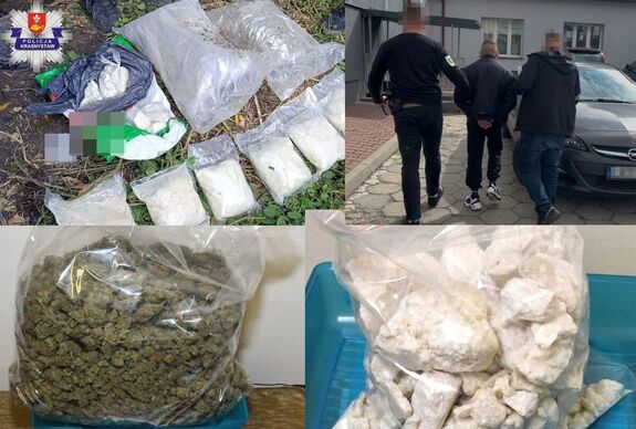kolaż zdjęć narkotyków i zatrzymanego mężczyzny